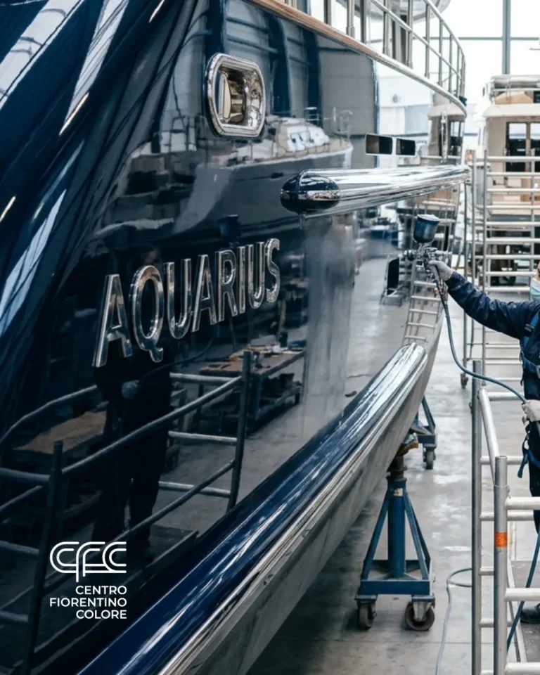 CFC Nautica e Yachting CFC - Nautica e Yachting - A worker painting the side of a boat named 'Aquarius' in a workshop.